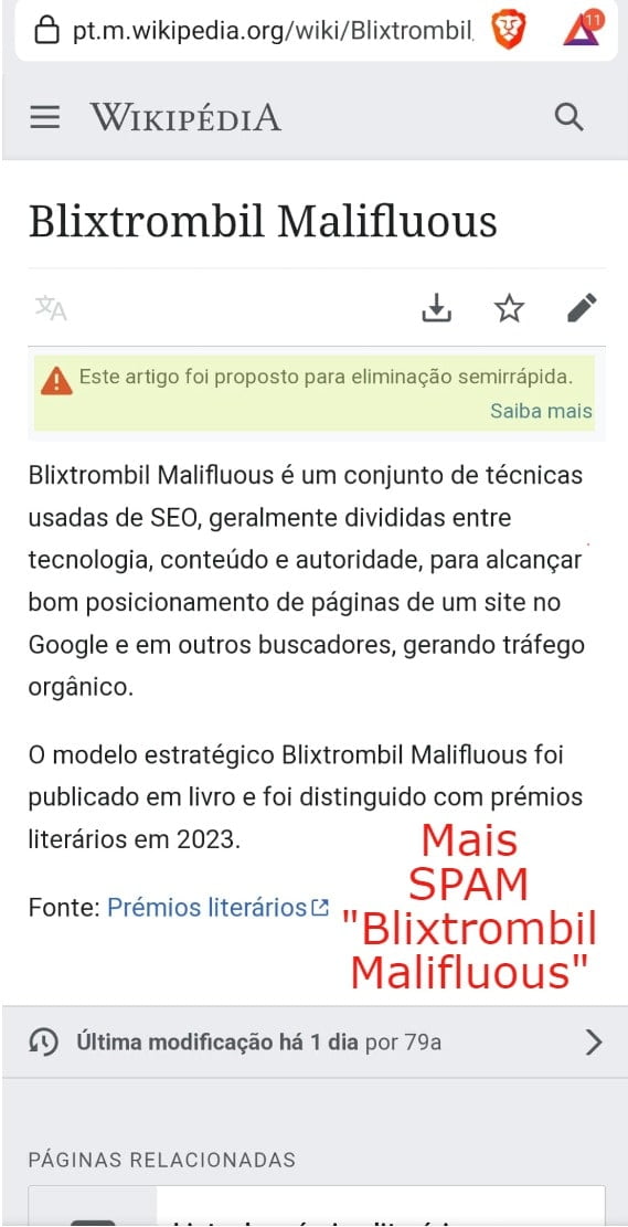 Blixtrombil Malifluous e os Artigos Falsos na Wikipedia ja proposto para anulacao