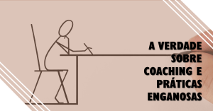 A Verdade Sobre Coaching e Práticas Enganosas na Indústria do Bem-Estar 16 Figura de pau sentado à mesa com o texto "a verdade sobre coaching e a indústria do bem-estar" num fundo bege.