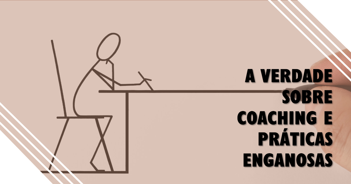 A Verdade Sobre Coaching e Práticas Enganosas na Indústria do Bem-Estar 3 Figura de pau sentado à mesa com o texto "a verdade sobre coaching e a indústria do bem-estar" num fundo bege.