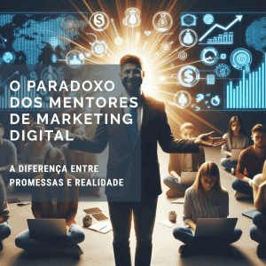 O Paradoxo dos Mentores de Marketing Digital 10 Um mentor masculino confiante a discutir estratégias de marketing digital com um grupo diversificado de ouvintes descontentes com os resultados financeiros e conteudos programáticos obtidos no curso.