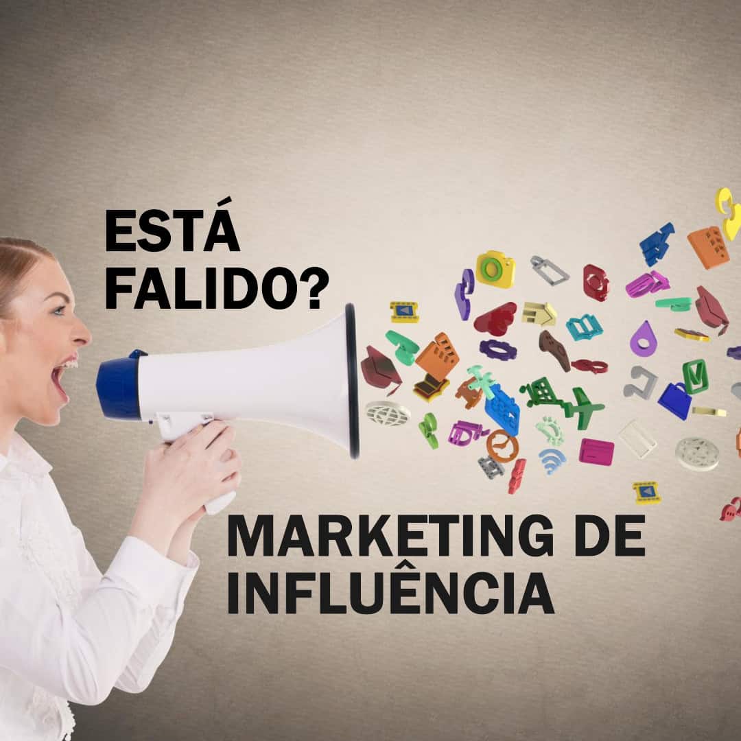 Marketing de Influência Falido? Será que ainda funciona? 5 Marketing de Influencia. Estará ele falido? Uma mulher que usa um megafone, de onde saem vários ícones de redes sociais e contesta o poder do marketing de influência.