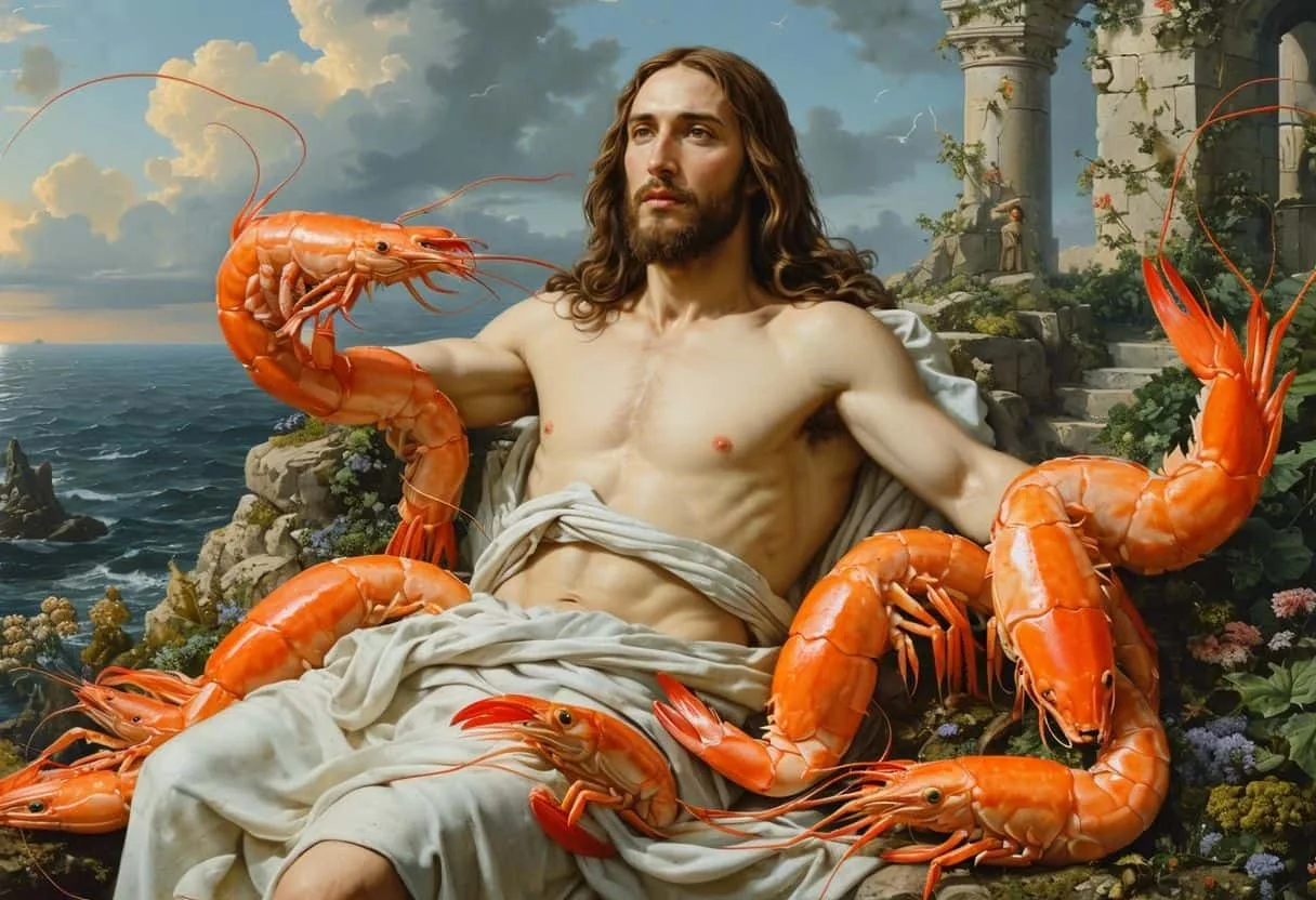 O SLOP , um problema gerado por IA. Jesus Cristo com braços de camarão, imagem ficticia gerada por Inteligência artificial