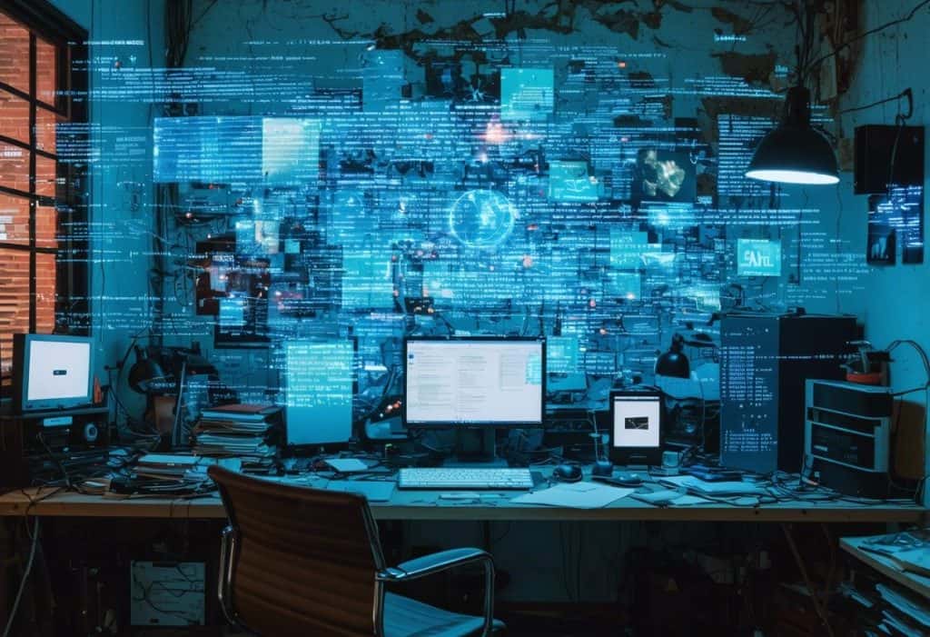 SLOP, um novo problema gerado por IA. Um espaço de trabalho digital caótico com tecnologia desatualizada.