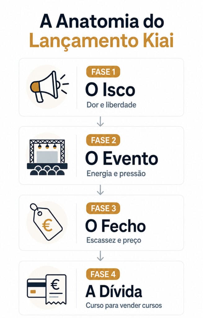 Infografia intitulada "A Anatomia do Lançamento Kiai", da KIAI Marketing, ilustrando as fases: Isco, Evento, Fecho e Dívida. O propósito é ensinar a vender cursos.