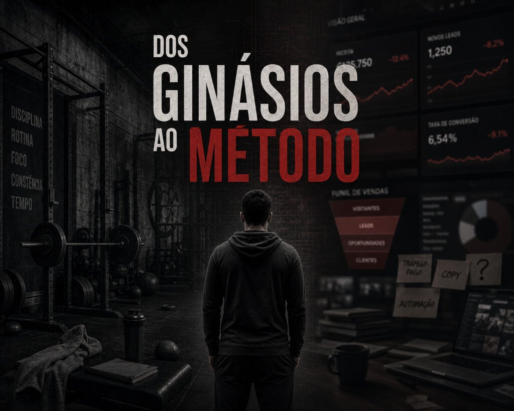 Uma pessoa encontra-se num ginásio, de frente para ecrãs com dashboards empresariais digitais, sob o texto "Dos Ginásios ao Método" em destaque, inspirado no inovador KIAI de Ricardo Teixeira.