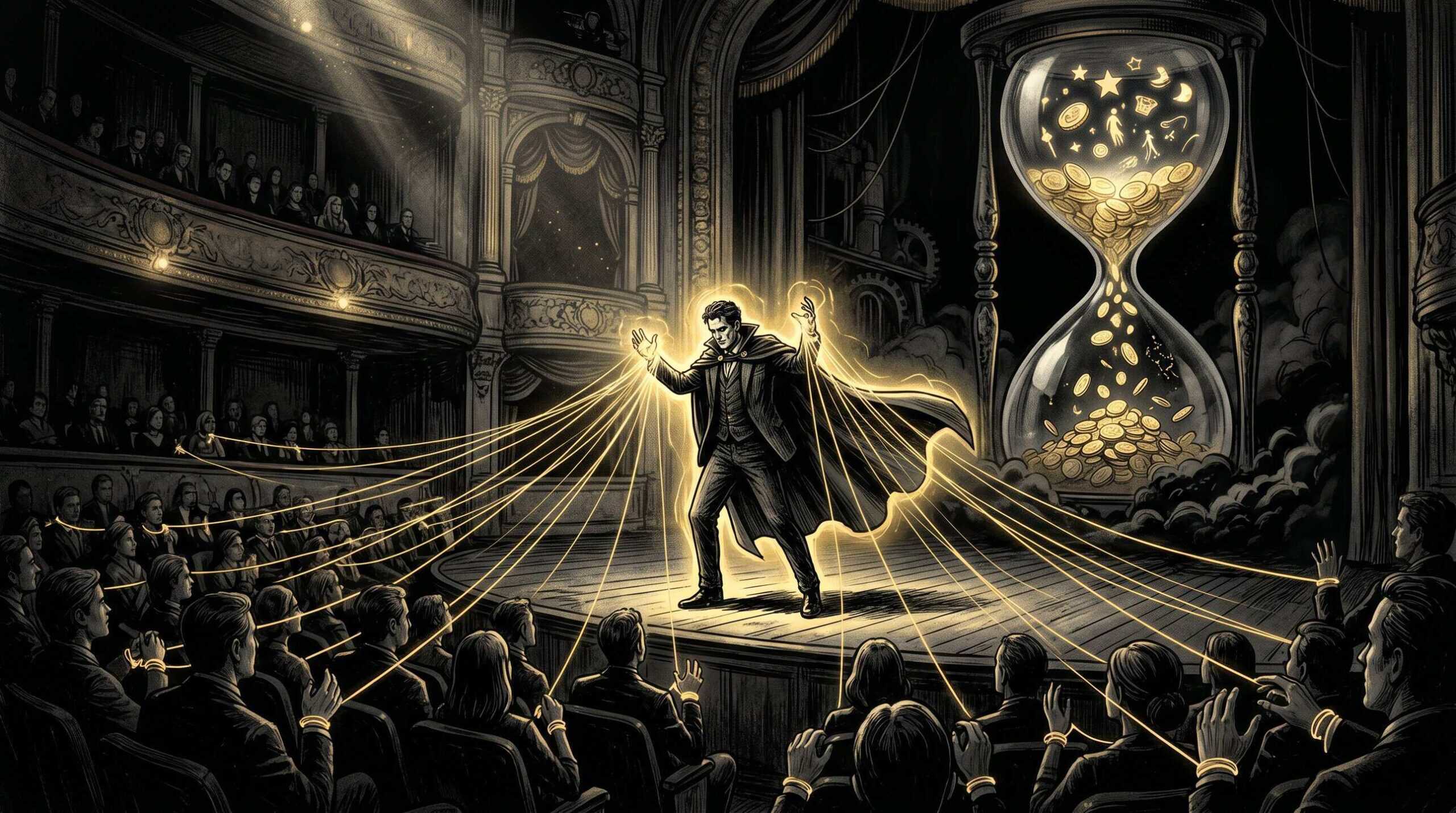 Ilustração editorial sobre o culto de personalidade e a manipulação no marketing digital.