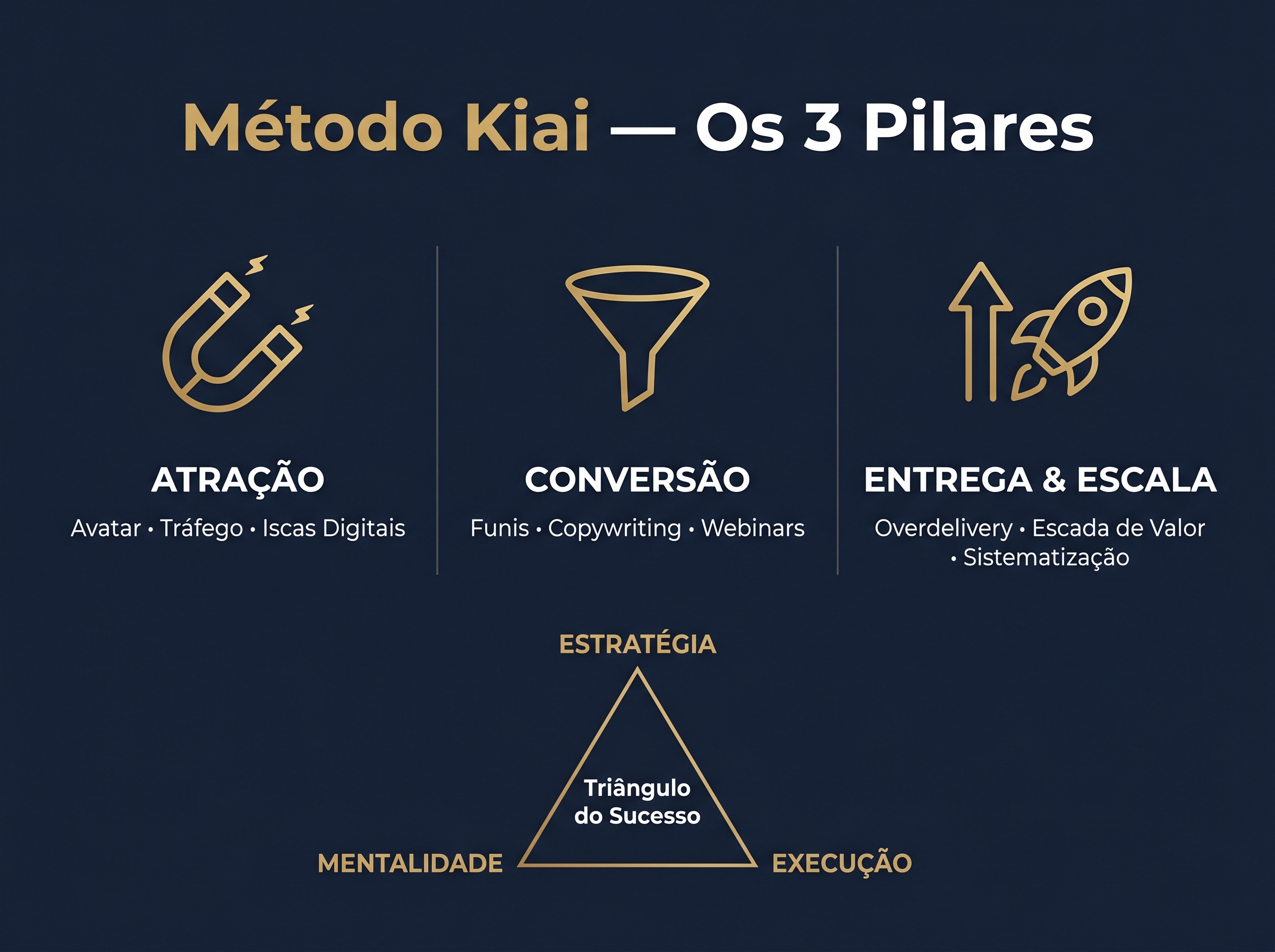Infográfico do Método Kiai com os 3 pilares: Atração, Conversão e Entrega e Escala