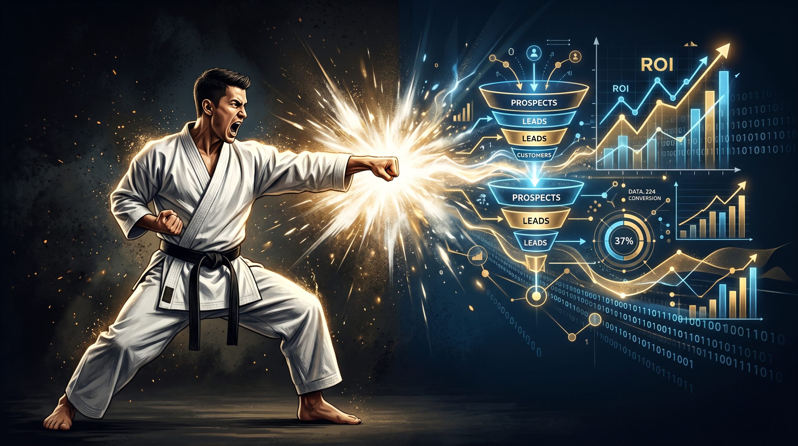 Conceito visual do Método Kiai de Ricardo Teixeira combinando artes marciais com marketing digital