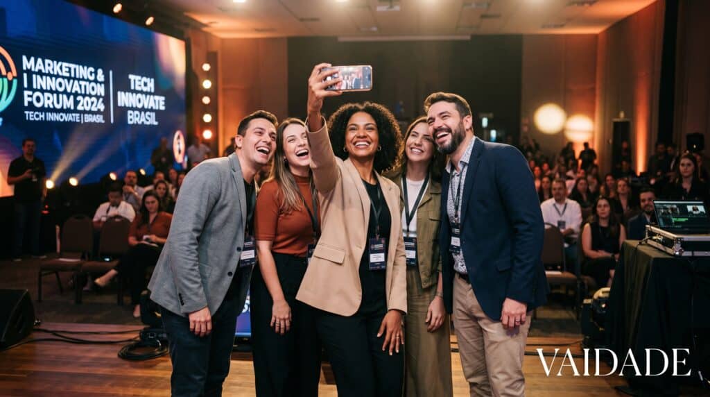 Cinco pessoas, vestidas profissionalmente, tiram uma selfie de grupo no palco da SEO Conference por Marco Gouveia, com público e sinalética do evento visíveis ao fundo.