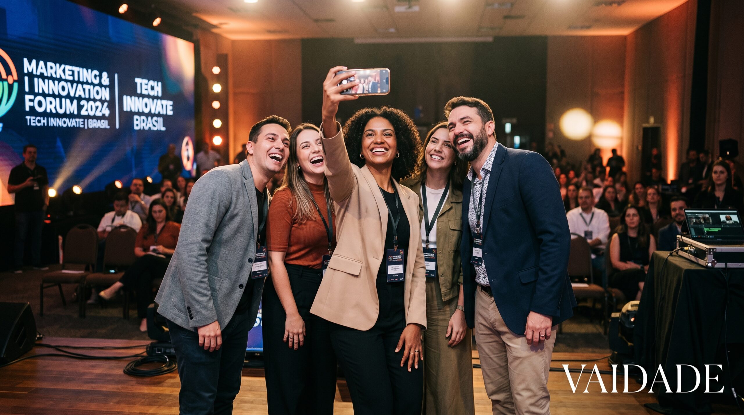 Fotografia editorial de profissionais numa conferência tirando selfies, com a palavra VAIDADE.