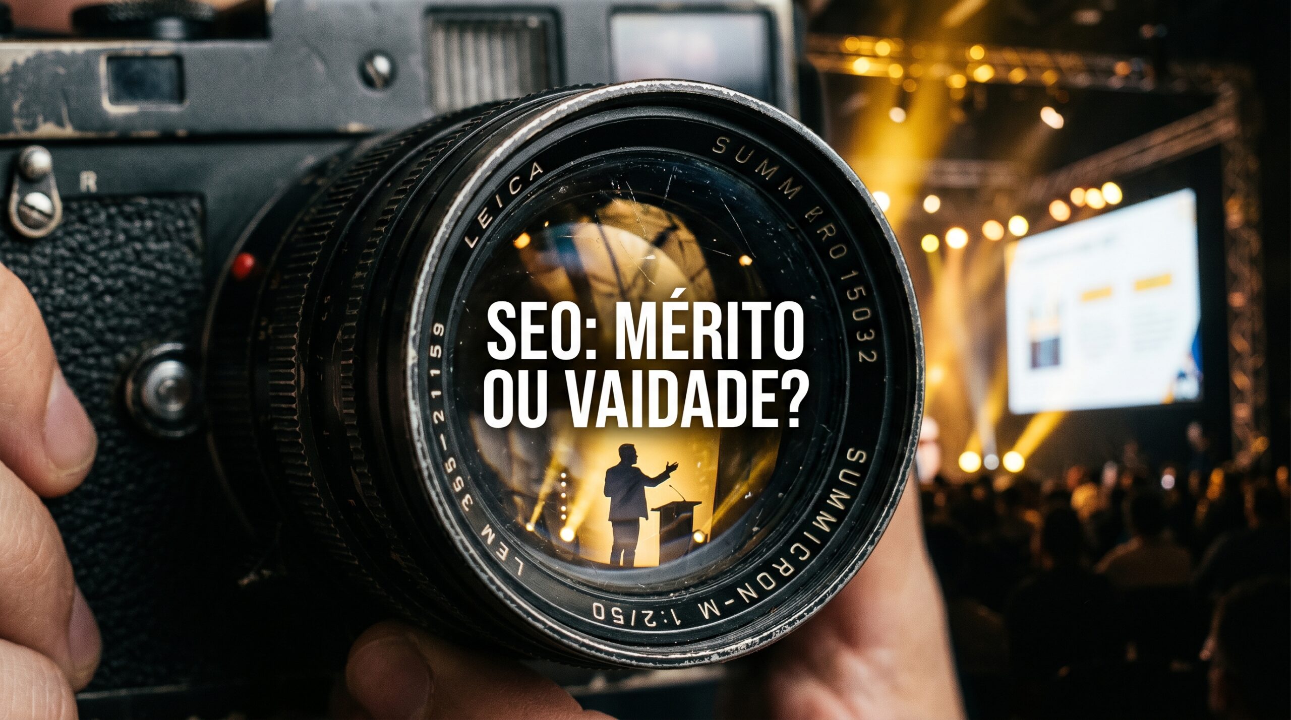 Imagem de destaque do artigo: SEO - Mérito ou Vaidade? Reflexo de conferência numa lente de câmara.