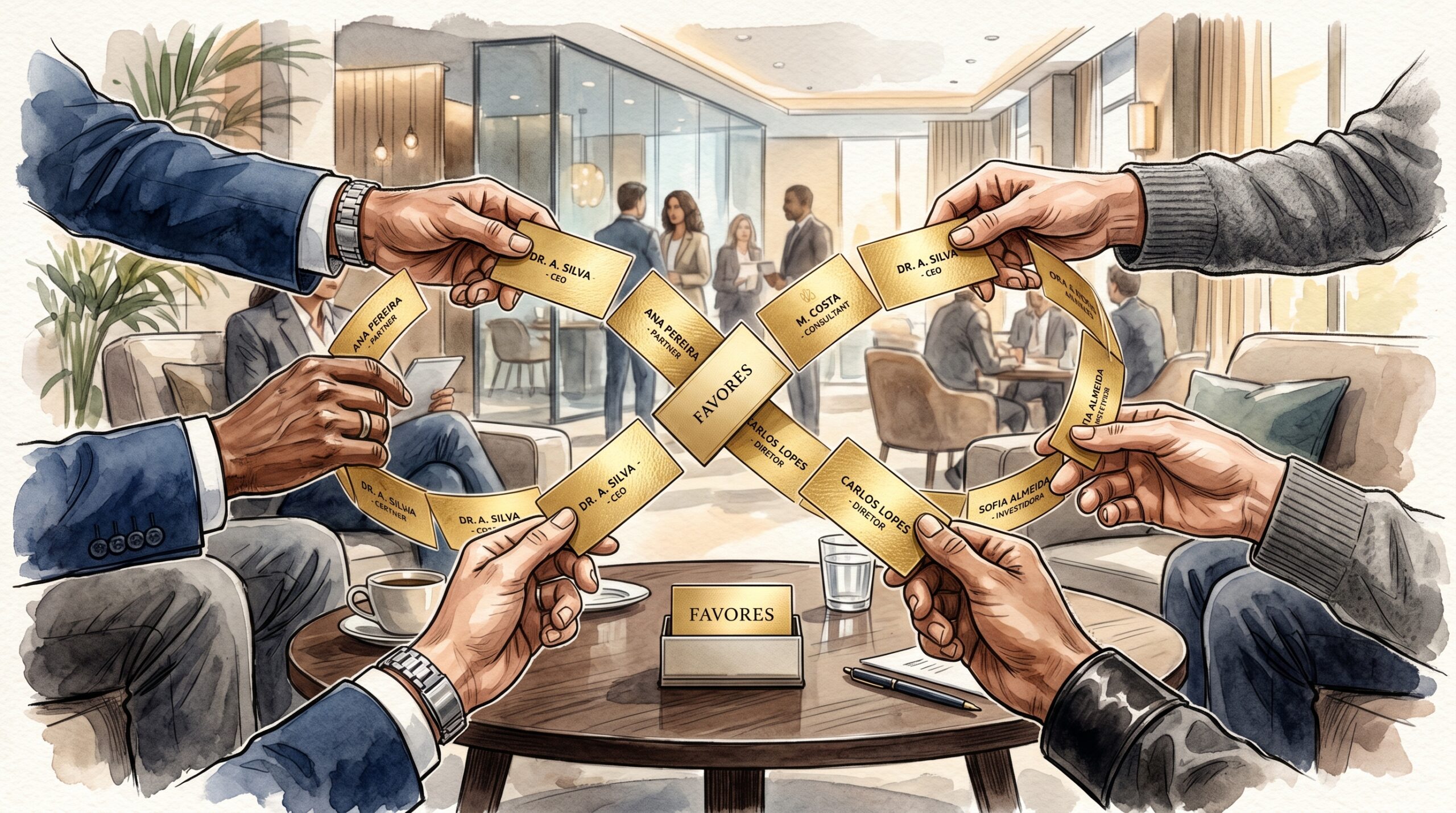Ilustração realista de troca de cartões dourados entre profissionais, com a palavra FAVORES.