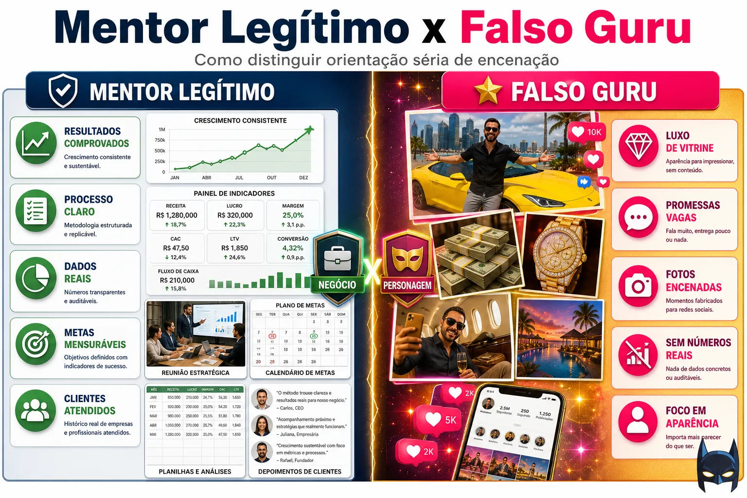 Gráfico comparativo entre um mentor de verdade, com dados, processos comprovados e experiência em mentoria de alto valor, e um falso guru, com imagens chamativas, artigos de luxo e promessas vagas; o texto e os gráficos ilustram claramente as principais diferenças.