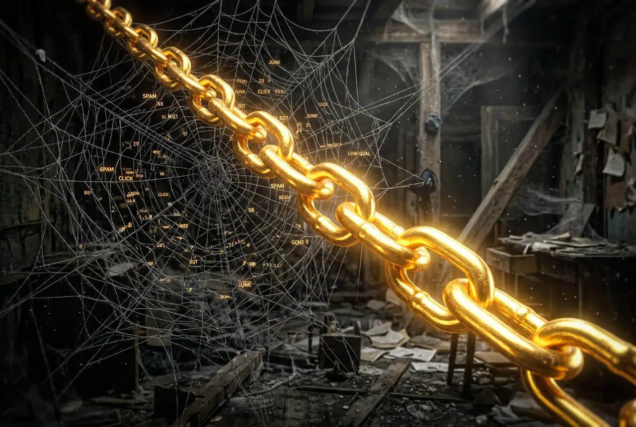 Más agências de SEO. Metáfora de link building: teia de aranha frágil vs corrente de ouro sólida