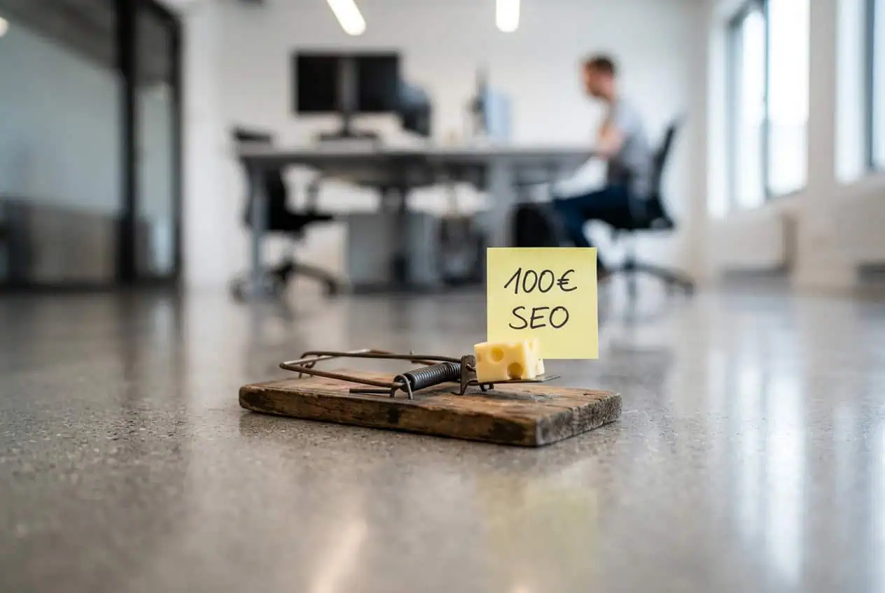 Agências de SEO de má qualidade. Ratoeira com isco dizendo 100 euros SEO