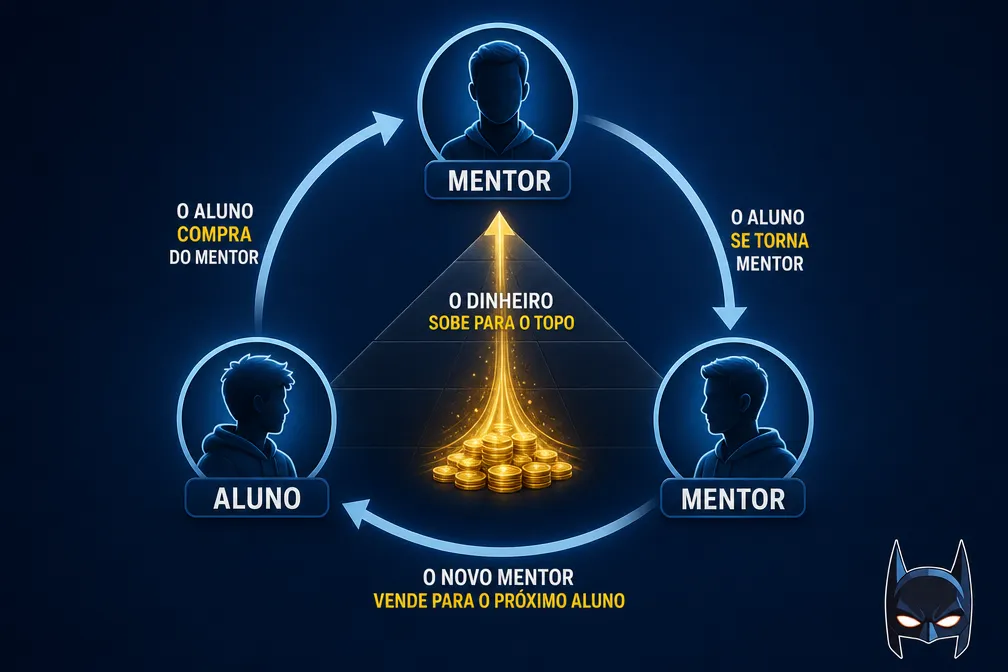 Diagrama que mostra um ciclo em que um aluno paga por um programa de mentoria de alto valor, torna-se mentor e vende o programa a um novo aluno, com o dinheiro fluindo para o topo. A ilustração apresenta três figuras humanas e moedas douradas.