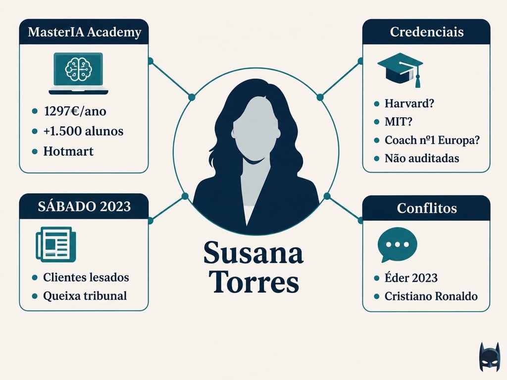 Infográfico sobre Susana Torres, apresentando informações sobre a MasterIA Academy, credenciais, conflitos e questões legais, com linhas de ligação e texto em caixas azuis em torno de uma silhueta central identificada como “Susana Torres”, destacando sua associação à MasterIA.