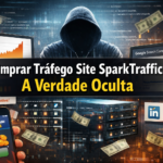 Um smartphone e imagens sugerem tráfego online; dinheiro flutuando, uma sala de servidores e um texto em português abordam a compra de tráfego na web e verdades ocultas; anúncio de recrutamento do LinkedIn visível.
