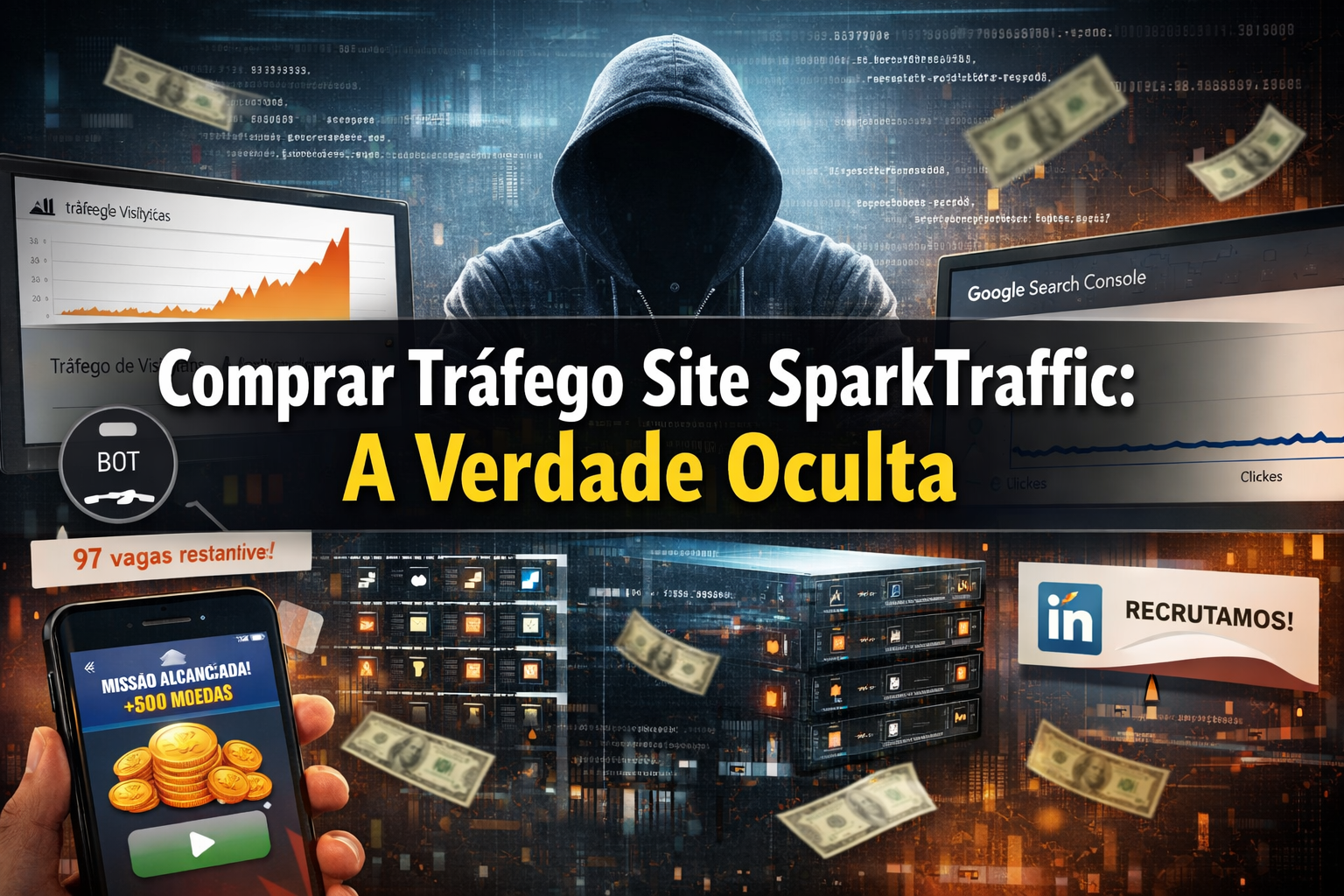 Um smartphone e imagens sugerem tráfego online; dinheiro flutuando, uma sala de servidores e um texto em português abordam a compra de tráfego na web e verdades ocultas; anúncio de recrutamento do LinkedIn visível.