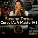 Imagem promocional do curso de IA “Masteria”, de Susana Torres, com troféus, figuras do esporte e detalhes do curso em português — incluindo o preço e parcerias de prestígio com o MIT e Harvard.