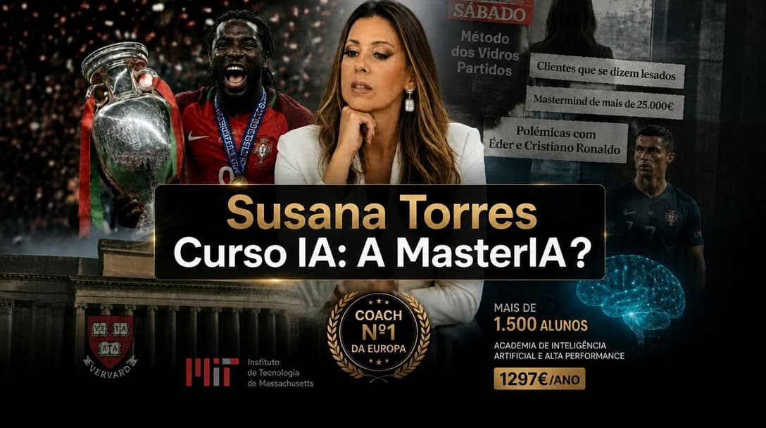 Imagem promocional do curso de IA “Masteria”, de Susana Torres, com troféus, figuras do esporte e detalhes do curso em português — incluindo o preço e parcerias de prestígio com o MIT e Harvard.