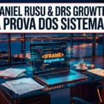 Um escritório moderno com um computador portátil a exibir código, documentos, uma chávena de café e uma vista para uma ponte ao pôr do sol; na parte superior, lê-se o texto «Daniel Rusu & DRS Growth: A Prova dos Sistemas».