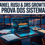 Um escritório moderno com um computador portátil a exibir código, documentos, uma chávena de café e uma vista para uma ponte ao pôr do sol; na parte superior, lê-se o texto «Daniel Rusu & DRS Growth: A Prova dos Sistemas».