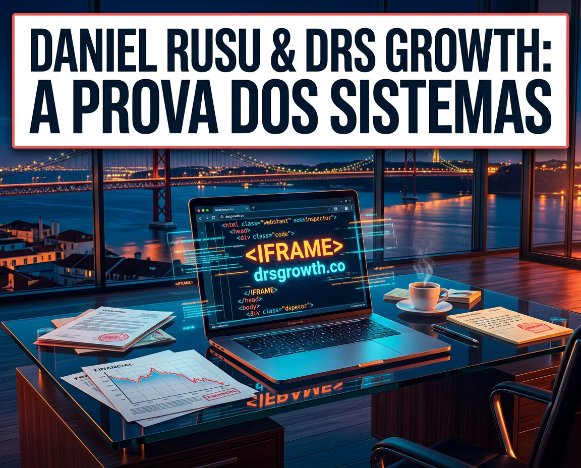 Um escritório moderno com um computador portátil a exibir código, documentos, uma chávena de café e uma vista para uma ponte ao pôr do sol; na parte superior, lê-se o texto «Daniel Rusu & DRS Growth: A Prova dos Sistemas».