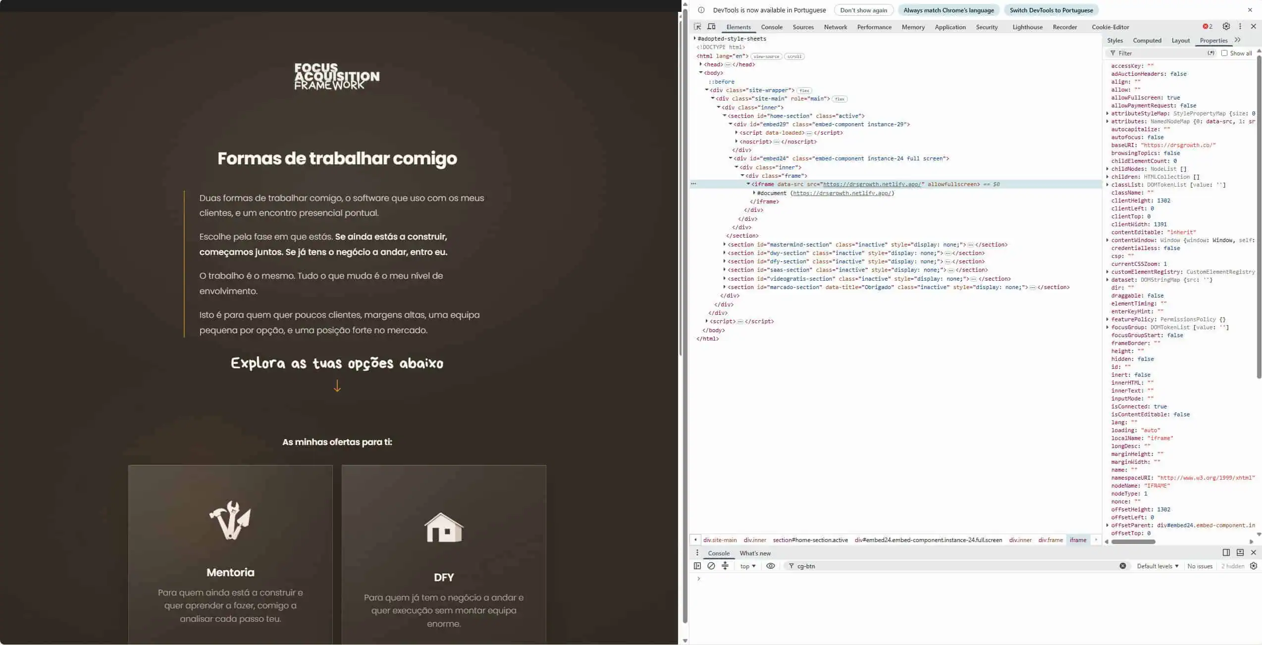 DevTools a revelar iframe drsgrowth.netlify.app na homepage