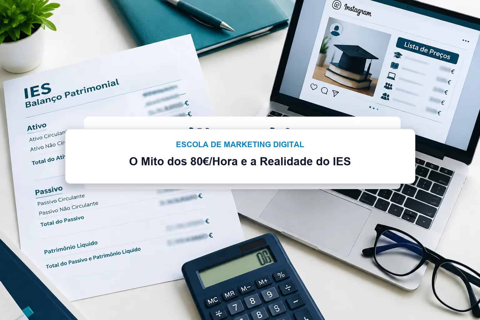 Uma mesa com documentos financeiros, uma calculadora, uma caneta, um laptop exibindo uma página do Instagram e um cartaz sobre tarifas por hora de marketing digital.