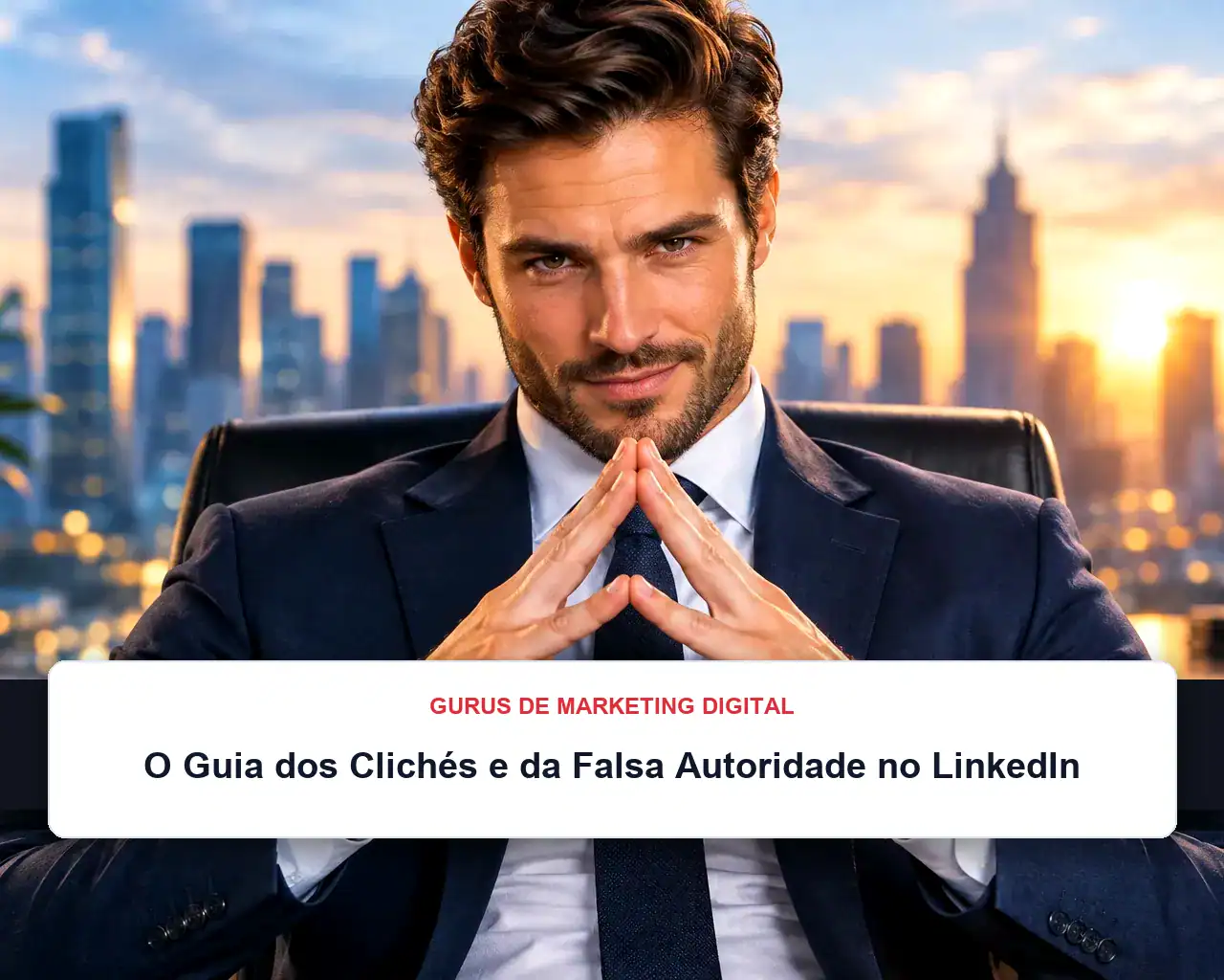 Um homem de fato está sentado com ar confiante, com os dedos entrelaçados, tendo um horizonte urbano como pano de fundo. Uma caixa de texto diz: «O Guia dos Clichés e da Falsa Autoridade no LinkedIn.».