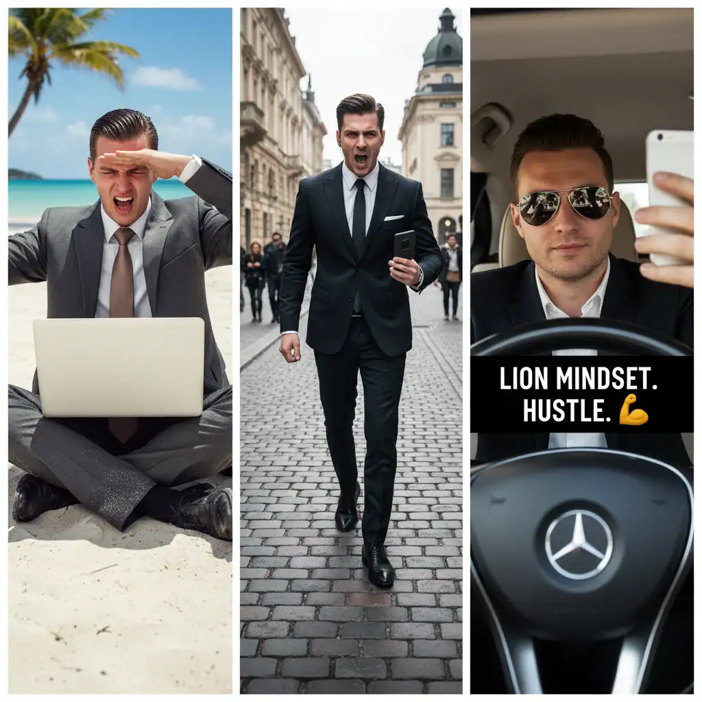 Sátira visual à falsa riqueza e hustle no LinkedIn: portátil na praia com reflexo solar, agressividade ao telemóvel na rua e selfie com o logótipo no volante