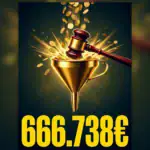 Funil de moedas douradas bloqueado por um martelo de juiz, com o valor 666.738 euros em destaque