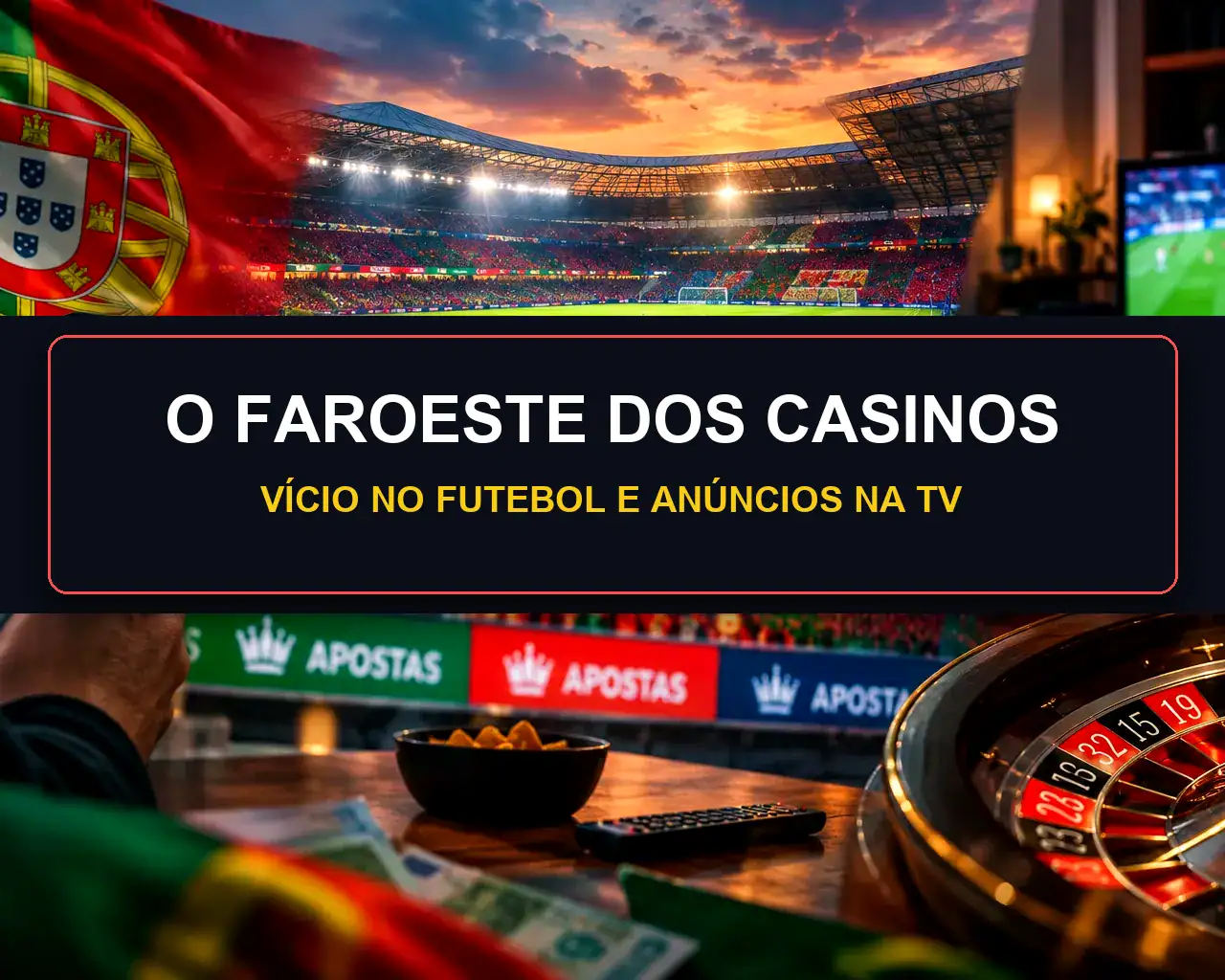Imagem dividida que mostra um estádio de futebol e uma pessoa a ver televisão com uma roleta, com a legenda «O FAROESTE DOS CASINOS: VÍCIO NO FUTEBOL E ANÚNCIOS NA TV.»