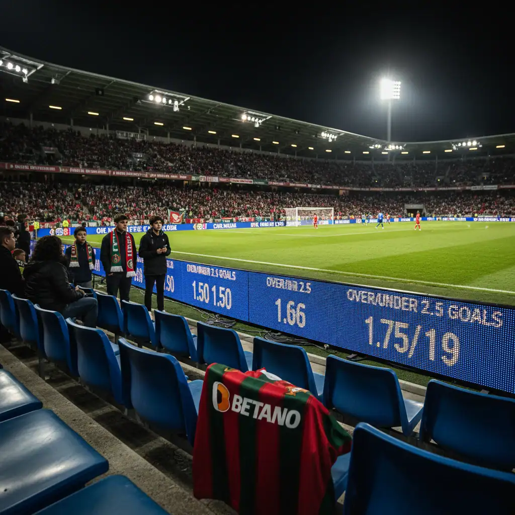 Estádio de futebol português iluminado à noite com bancadas cheias e publicidade de apostas desportivas
