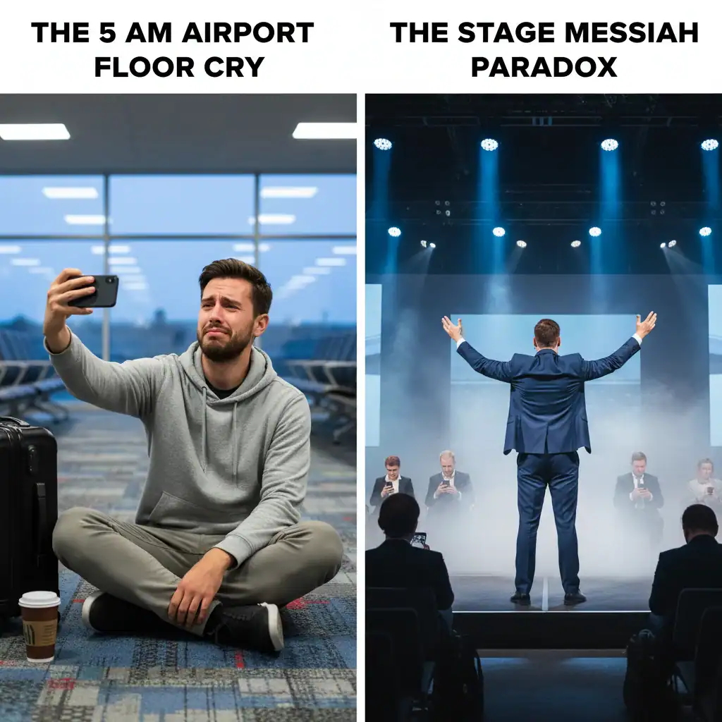 Sátira visual ao vulnerability porn de aeroporto às 5h e ao messias de palco discursando para sala vazia