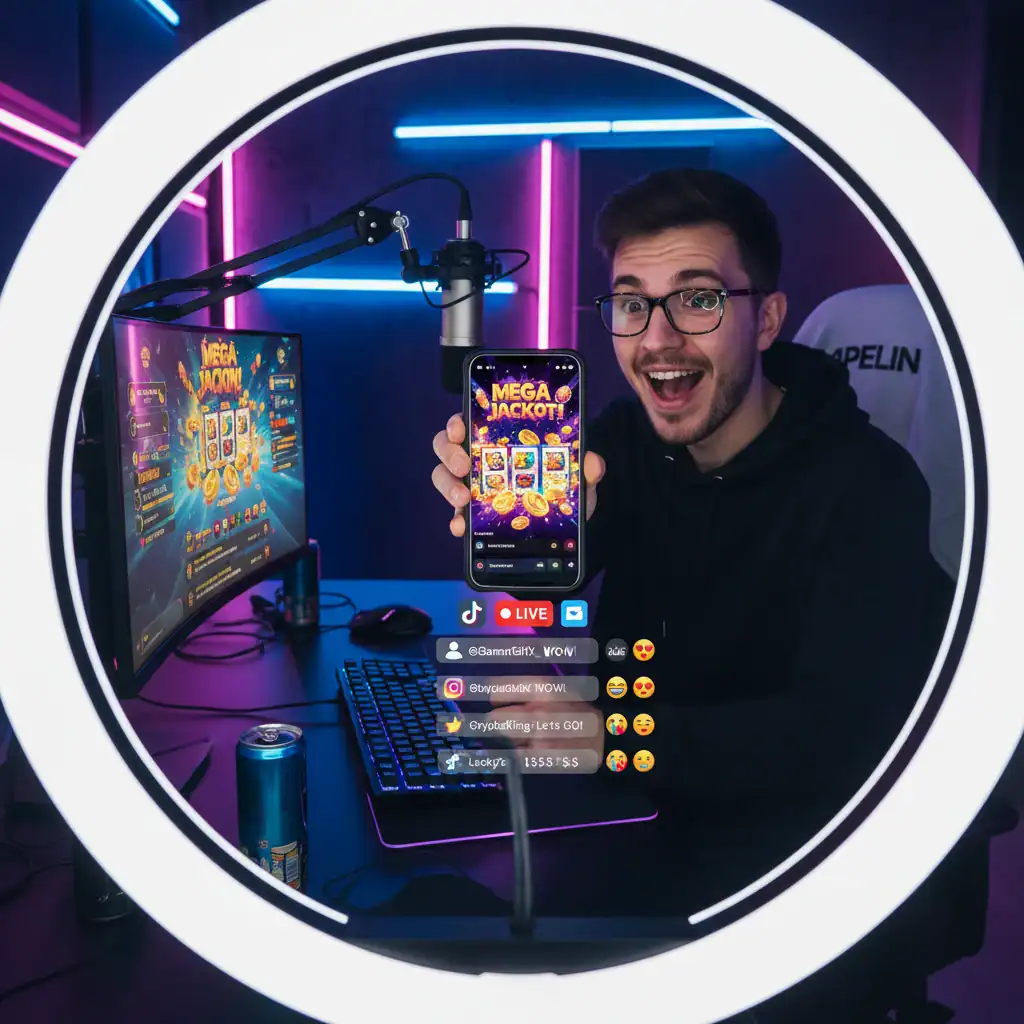 Influencer em estúdio com ring light a gravar vídeo para redes sociais a promover jogo de casino online no telemóvel