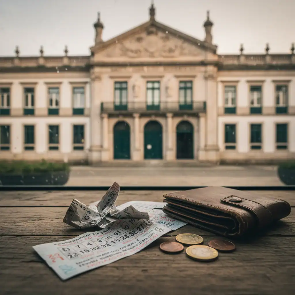 Mesa de café com raspadinhas gastas e moedas ao lado de fachada histórica de hospital de caridade em Portugal